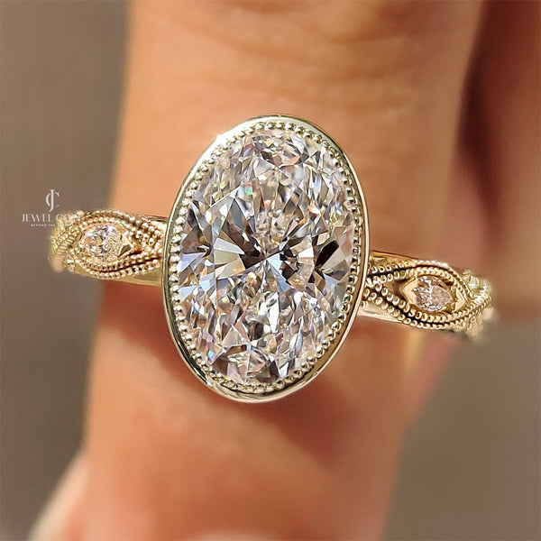 Oval Bezel Engagement Ring with Milgrain | Lab Grown Diamonds | IGI Certified