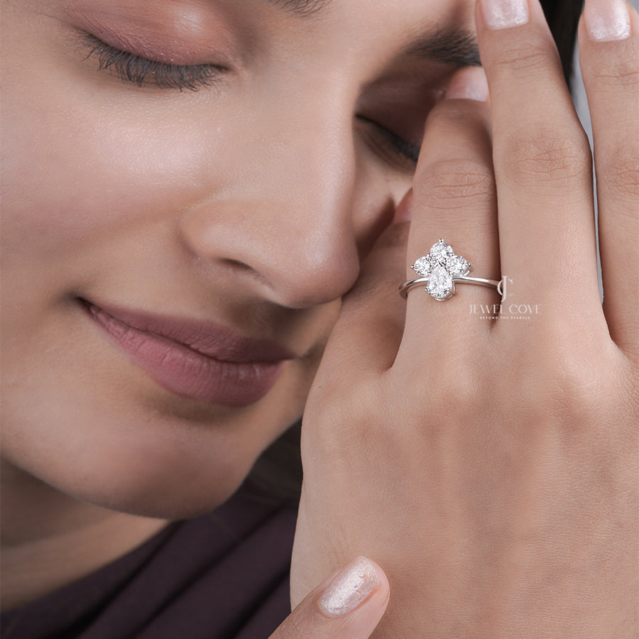 Pear & Round Side Stones Solitaire Ring | Lab Grown Diamond | 14K White Gold Eternity Ring | IGI Certified