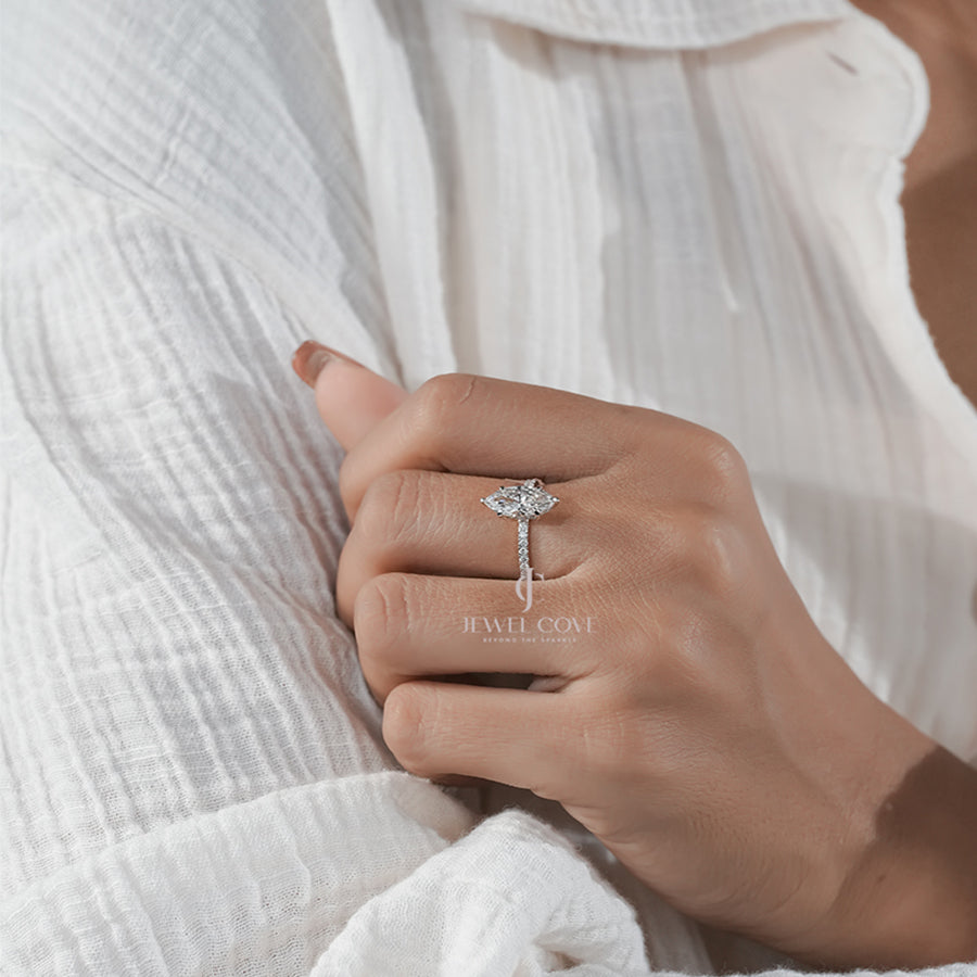 Marquise Diamond Engagement Ring with Pavé Band – Elegant Gold Solitaire