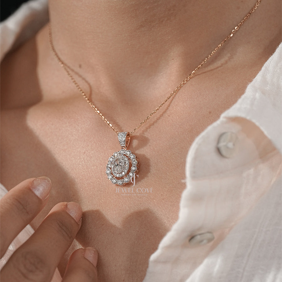 Delicate Round Lab Grown Halo Setting Pendent | IGI Certified | E-F Color | VVS- VS Clarity |10K Rose Gold