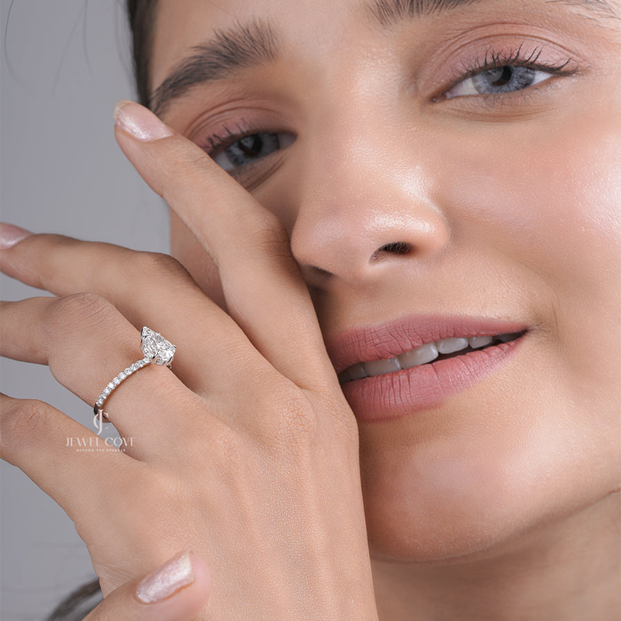 Pear Cut Lab Grown Diamond Ring with Pave Band Elegant Bridal Jewelry