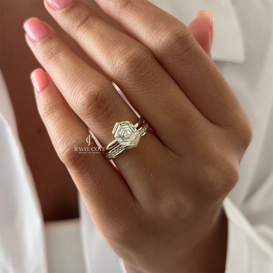 2CT Hexagon Lab Diamond North-South Half Bezel Bridal Ring Set | IGI Certified