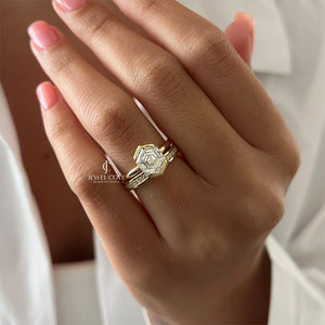 2CT Hexagon Lab Diamond North-South Half Bezel Bridal Ring Set | IGI Certified