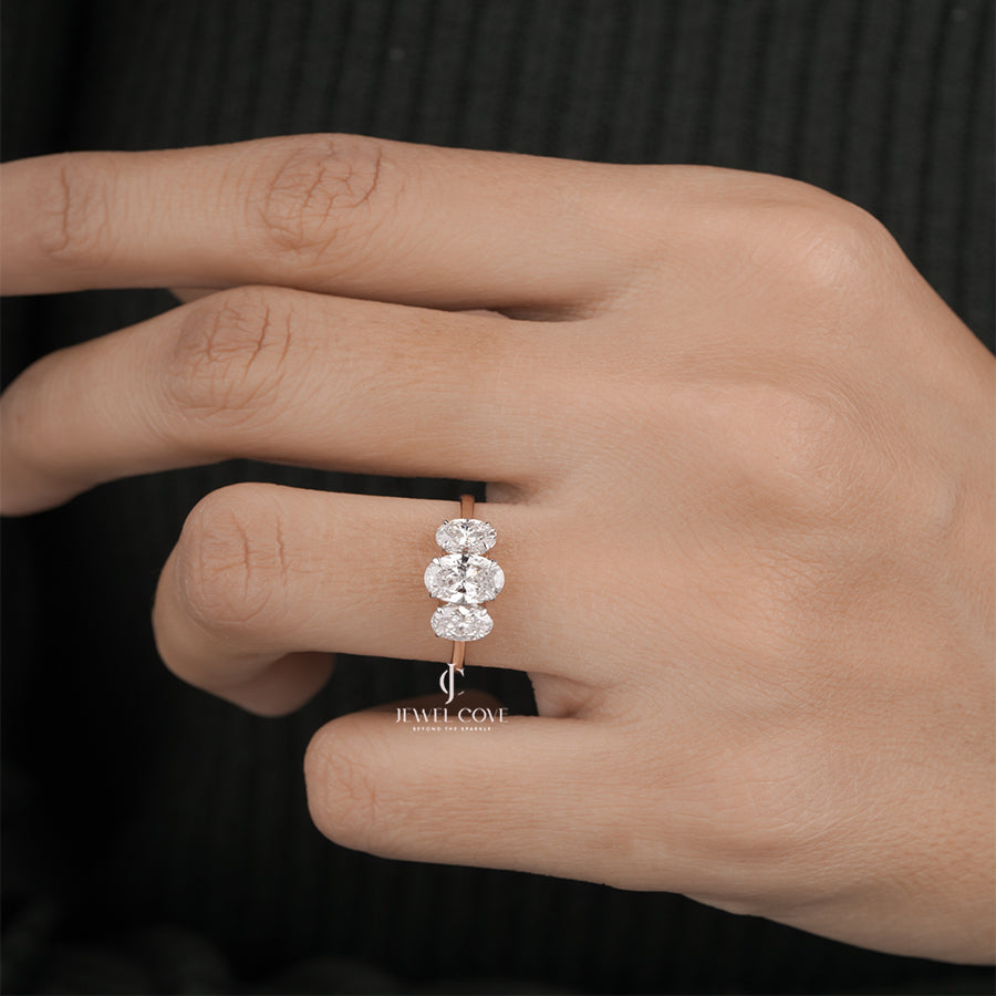 Three Stone Oval Diamond Ring for Women in Rose Gold | IGI Certified | E-F Color | VVS- VS Clarity