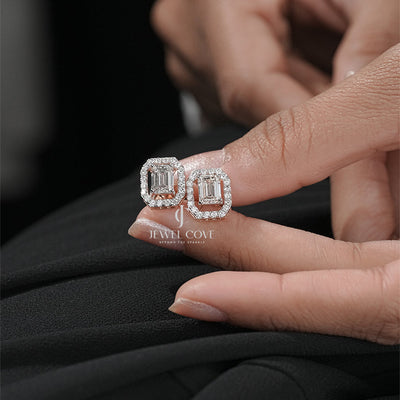 Brilliant Halo Emerald Diamond Stud Earrings with side round diamond