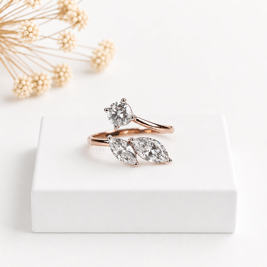 3 Stone Round & Marquise Diamond Ring | 14K Rose Gold | Lab Grown Diamonds | IGI Certified