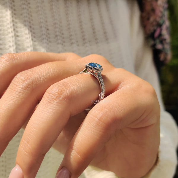 Cyan Blue Pear Diamond Ring In cathedral setting | Lab Grown Diamonds | IGI Certified - hover