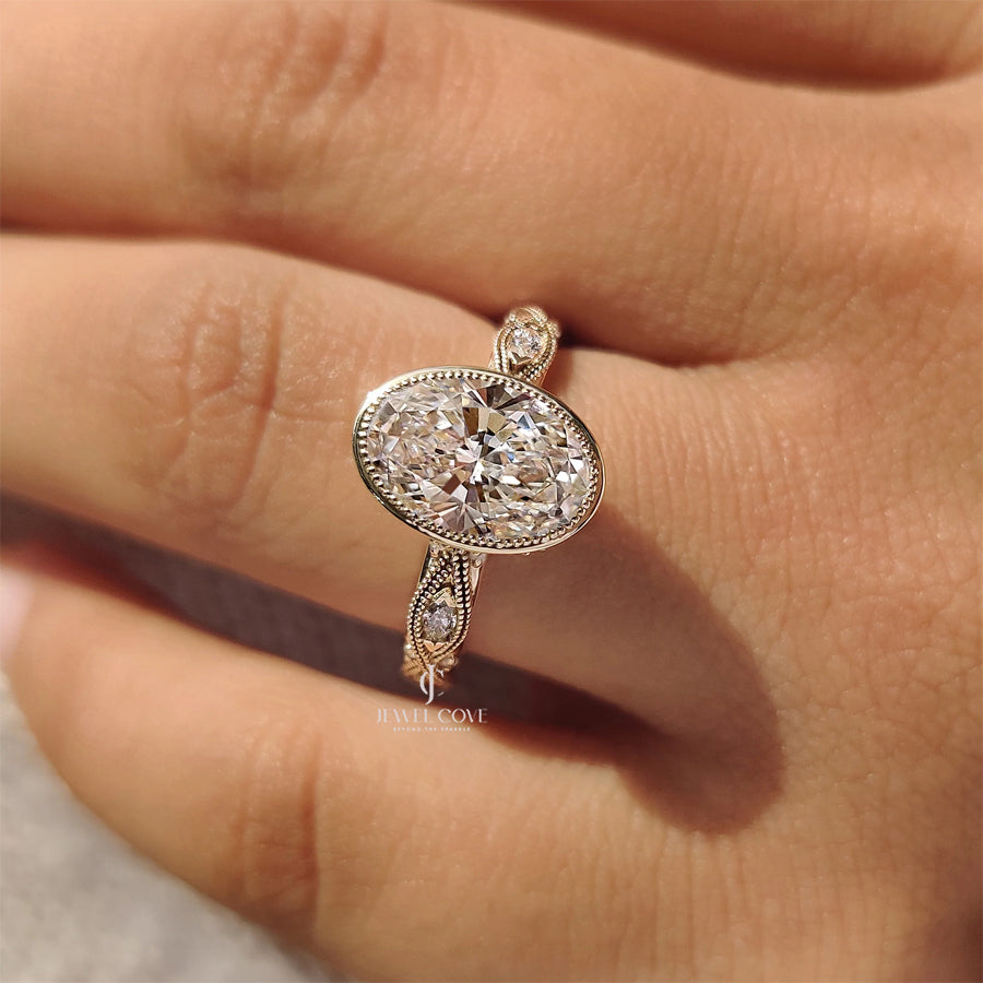 Oval Bezel Engagement Ring with Milgrain | Lab Grown Diamonds | IGI Certified