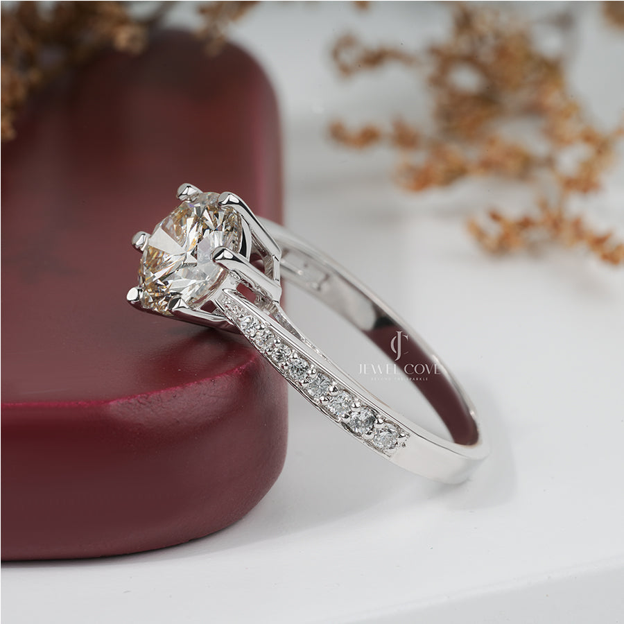 Round Cut Moisaanite Diamond Engagement Ring with Side Stones | IGI Certified | E-F Color | VVS–VS Clarity