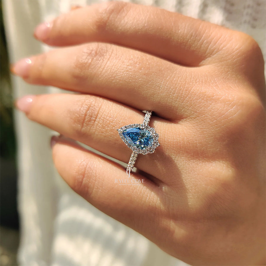 Cyan Blue Pear Diamond Ring In cathedral setting | Lab Grown Diamonds | IGI Certified