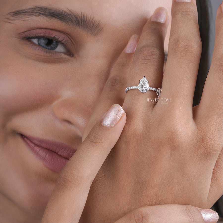 Pear Cut Moissanite Diamond Ring with Pave Band Elegant Bridal Jewelry