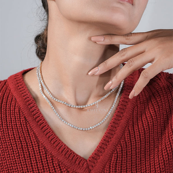 14K White Gold Tennis Double Layer Necklace | IGI Certified | E-F Color | VVS- VS Clarity