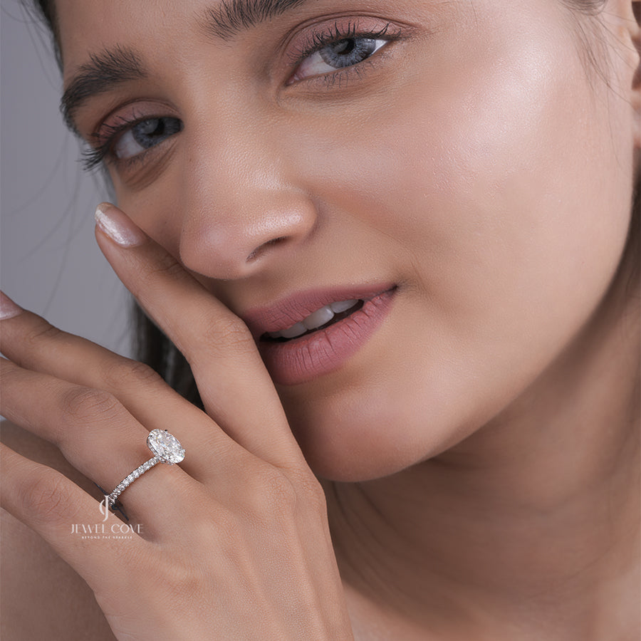 Oval Lab Grown Diamond Engagement Ring with Pave Band in Yellow Gold