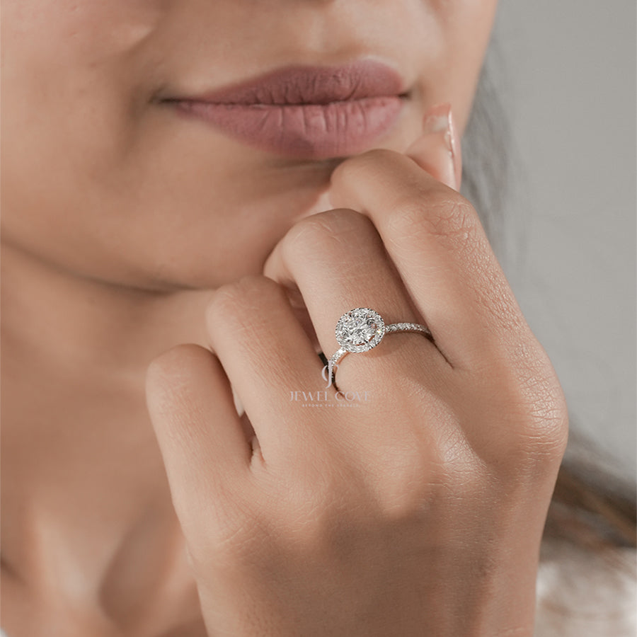 Round Halo Diamond Engagement Ring in Classic Solitaire with Pave Band