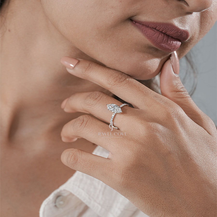 Marquise Diamond Engagement Ring with Pavé Band – Elegant Gold Solitaire