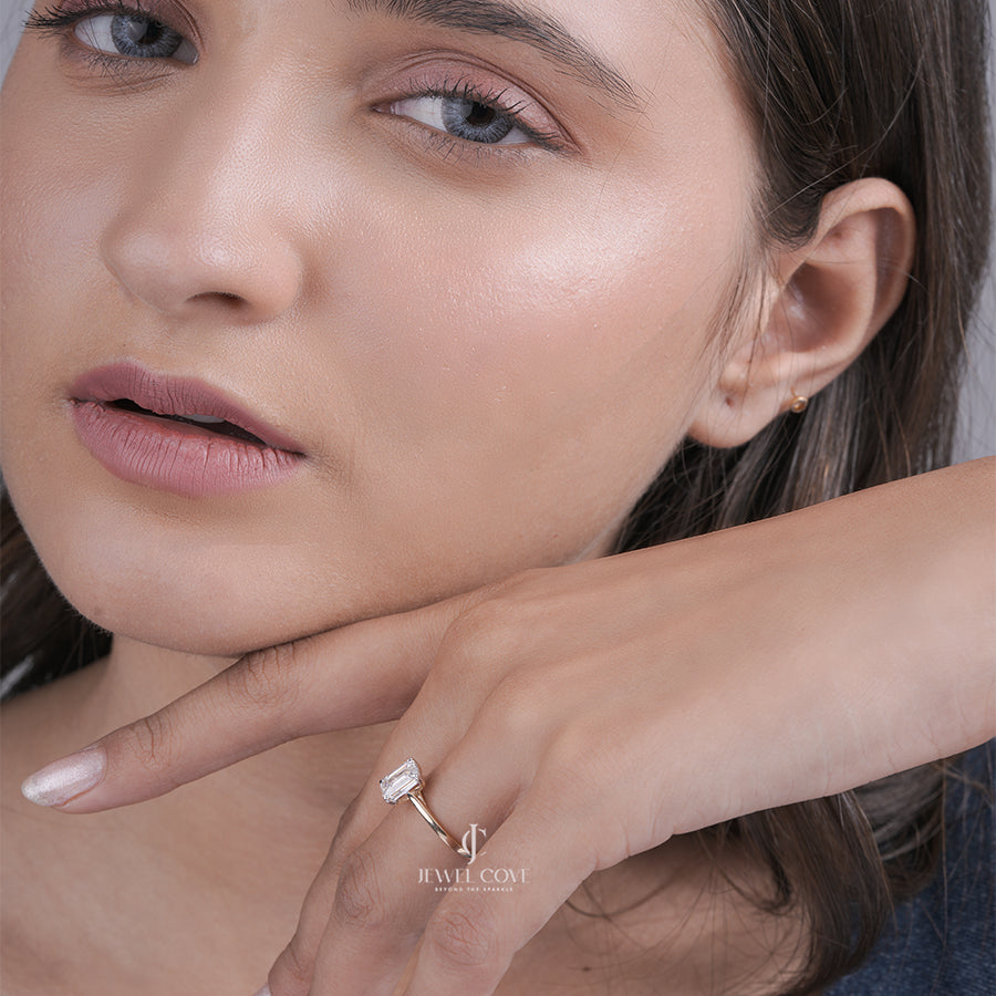 Emerald Moissanite Solitaire Engagement Ring in Yellow Gold Minimalist Bridal Ring