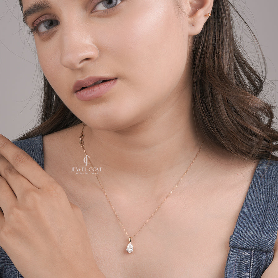 Pear Moissanite Diamond Solitaire Pendant Necklace in Yellow Gold | Classic Fine Jewelry