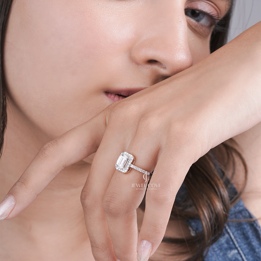 Classic Emerald Lab Grown Diamond Halo Ring with Pave Band | Engagement Jewelry