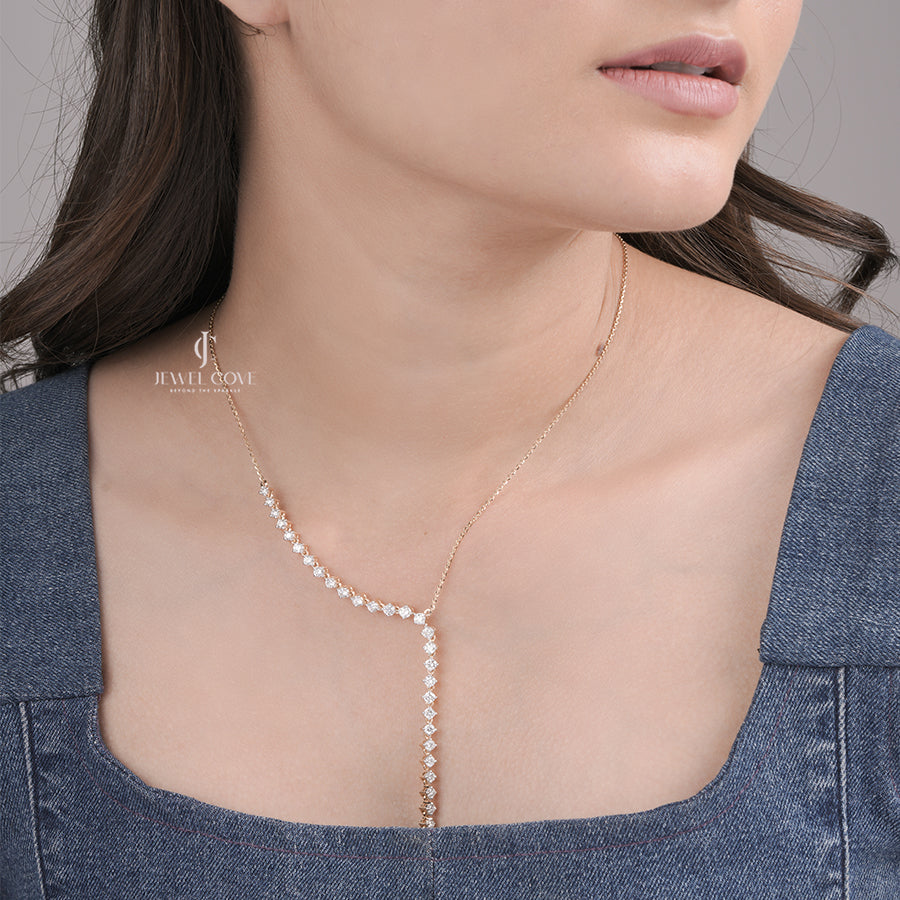 Y Necklace Moissanite in Yellow Gold with Graduated Round Diamonds | Elegant Drop Necklace