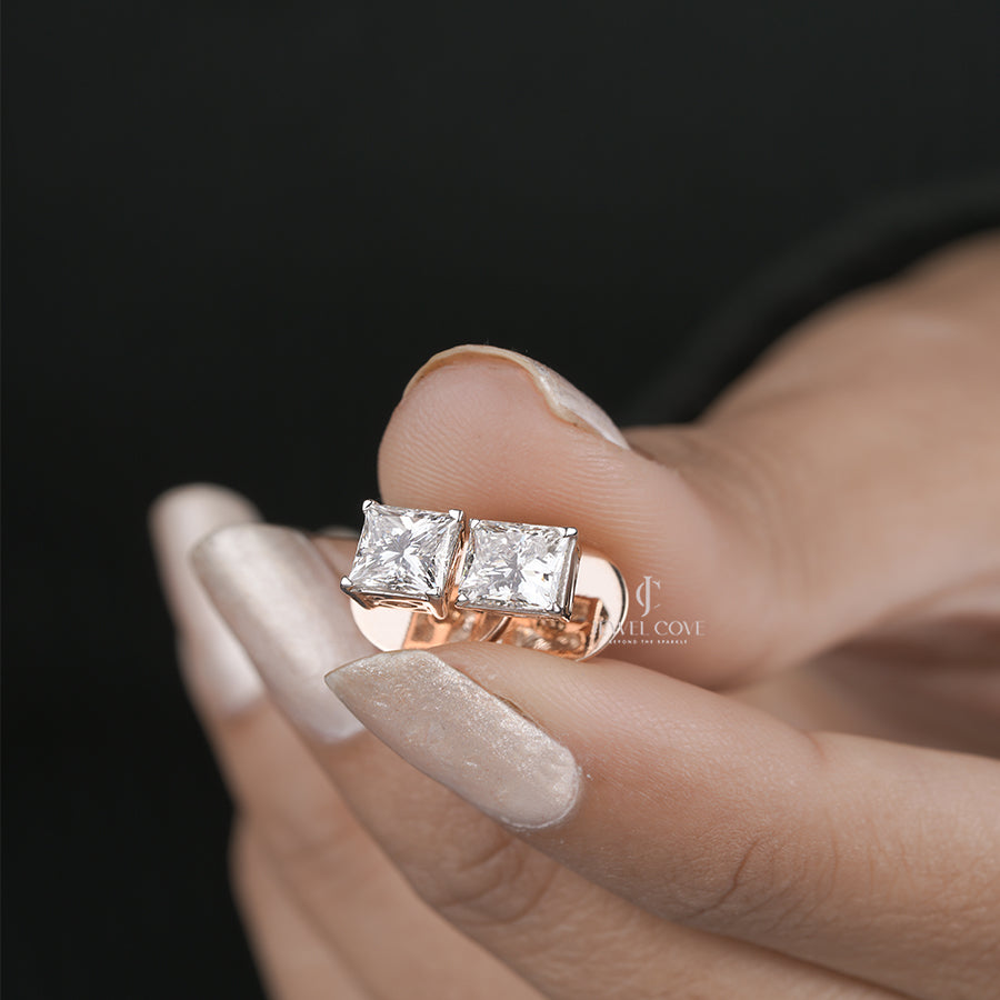 Princess Cut Diamond Stud Earrings for Women in Rose Gold Daily Wear Jewellery Gift
