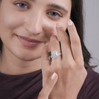 Emerald Cut Lab Grown Diamond Ring, Halo Setting Engagement Ring, White Gold Double Band