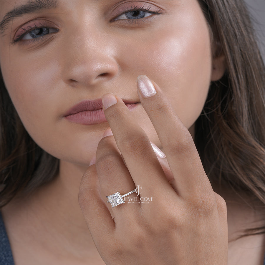 Princess Moissanite Engagement Ring with Pave Band in Yellow Gold, Classic Solitaire Fine Jewelry