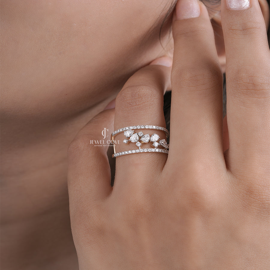 Open Cuff Moissanite Diamond Ring with Pear and Round Cut Diamonds in Yellow Gold