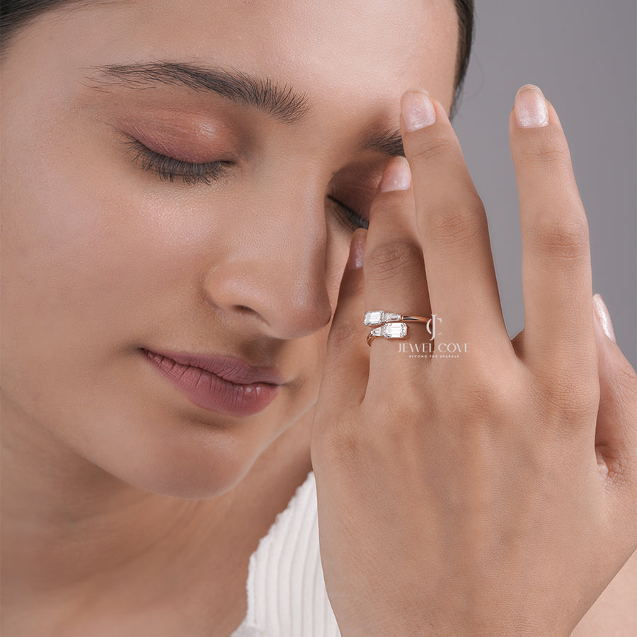 Bypass Lab Grown Ring with Emerald-Cut and Tapered Baguette Diamonds, Modern Open-Style Gold Jewelry