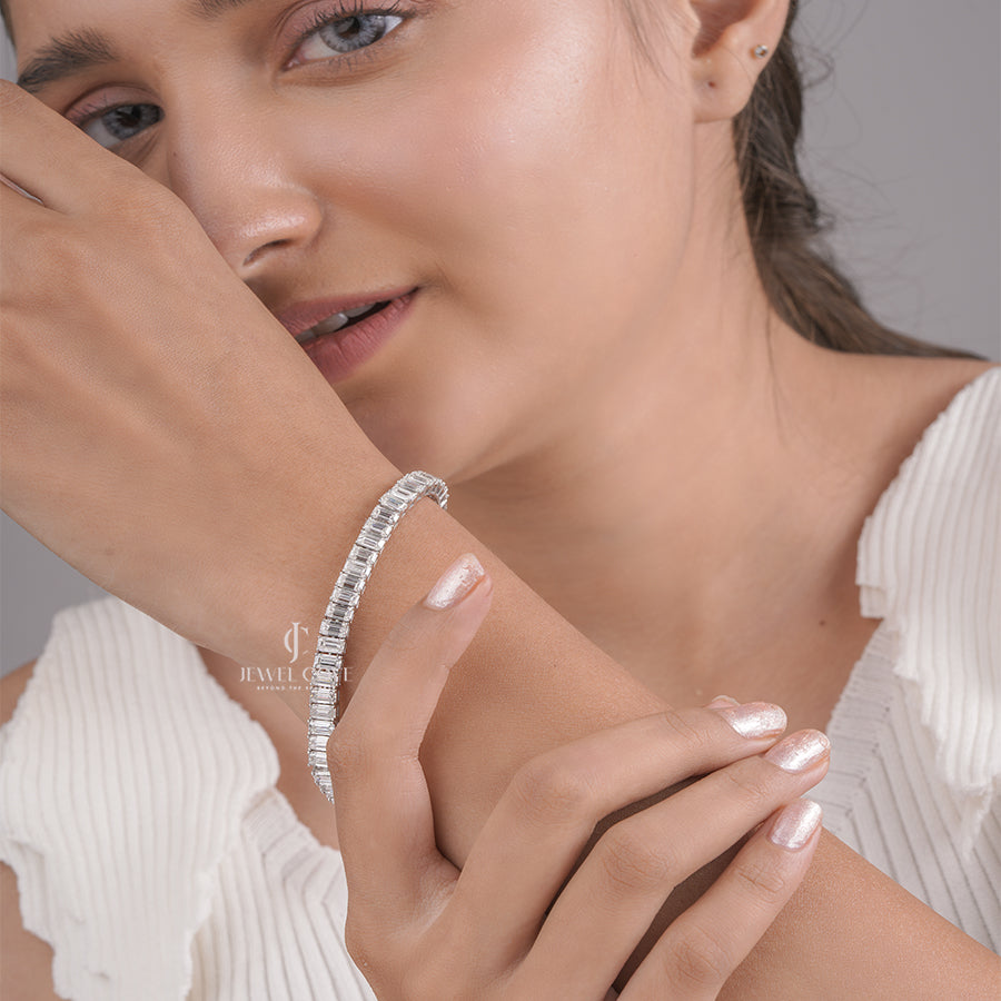 Emerald Cut Lab Grown Diamond Tennis Bracelet with Full Prong Setting, Brilliant Line Tennis Bracelet