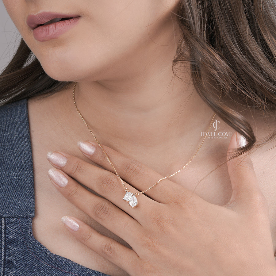 Emerald & Pear Lab Grown Diamond Pendant in Yellow Gold, Modern Two Stone Diamond Necklace