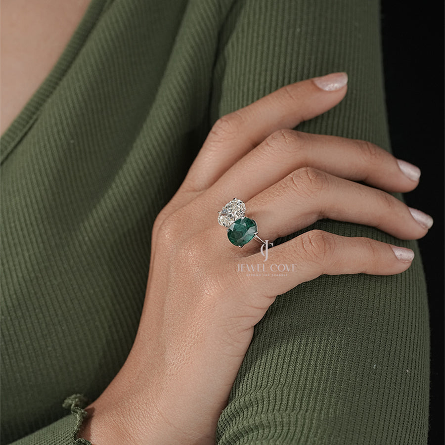Two Stone Oval Cut Ring with Green Emerald and White Diamond