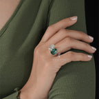 Two Stone Oval Cut Ring with Green Emerald and White Diamond