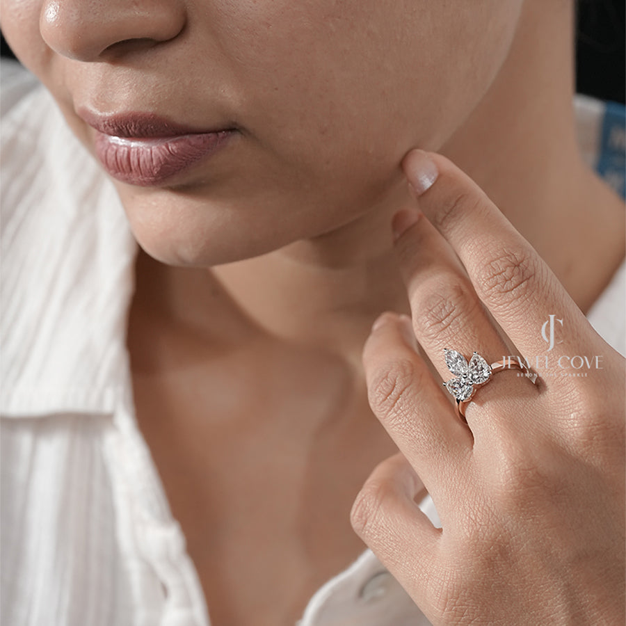 Elegant Moissanite Marquise Triple Diamond Ring with Pear Side Diamond