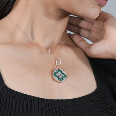 Elegant Green Pendant Necklace with Diamond Accents on Model (ONLY PENDENT)