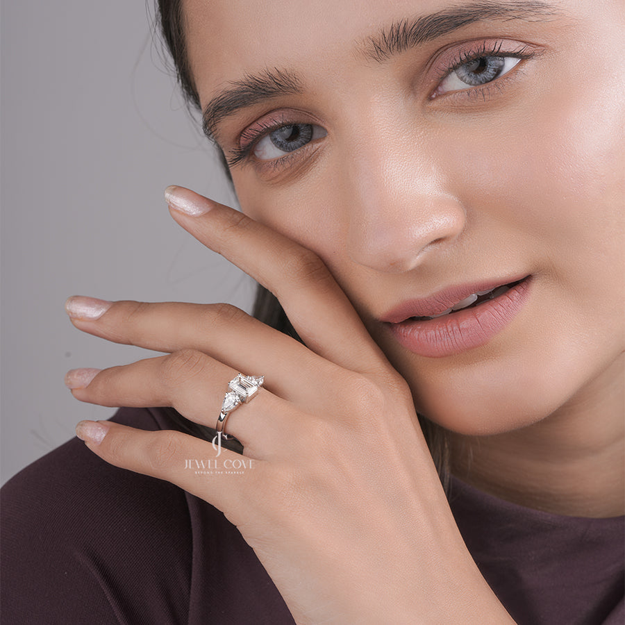 Emerald Cut Lab Grown Diamond Engagement Ring, Three Stone Setting with Pear Shape Side Diamonds