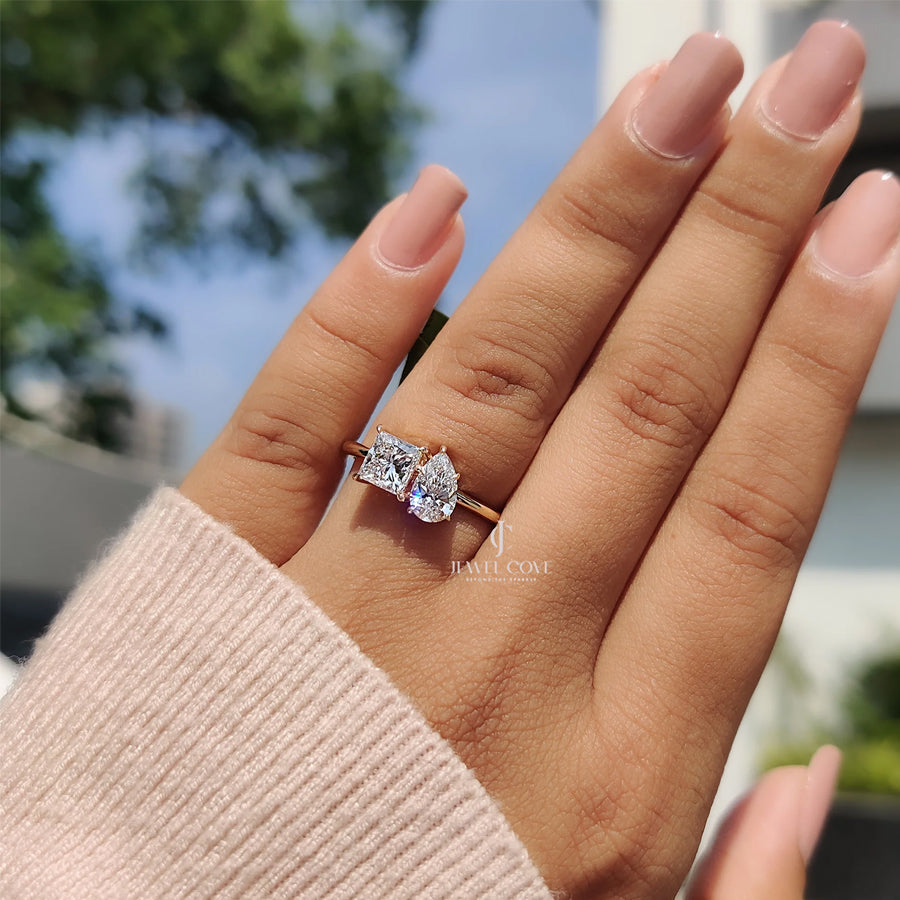 Toi Et Moi Engagement Ring With Princess And Pear Cut Diamond | Moissanite Diamonds | GRA Certified