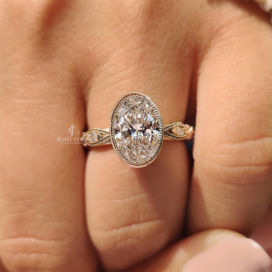 Oval Bezel Engagement Ring with Milgrain | Lab Grown Diamonds | IGI Certified