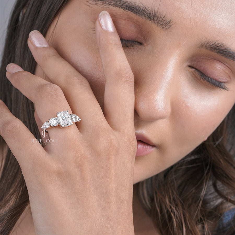 Emerald Cut Moissanite Engagement Ring with Tapered Side Diamonds in White Gold, Elegant Three Stone Ring