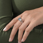 Three Stone Oval Ring with Blue Diamond and White Side Diamond