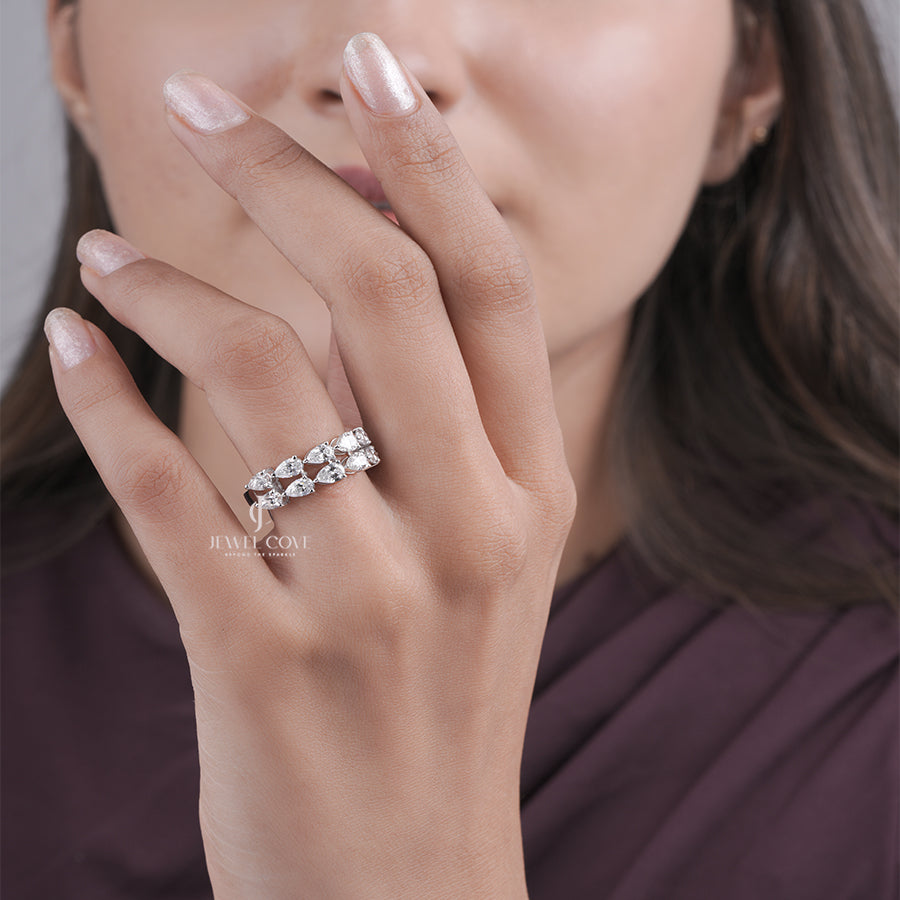 Pear Shape Diamond Half Eternity Ring, Lab Grown Diamonds, White Gold Wedding Band, Pear Cut Stacking Ring