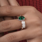 Maurya Pear Emerald Open Living Leaf Side Emerald Wedding Ring