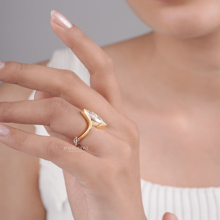 Marquise Cut Diamond Solitaire Ring with Unique V-Shaped Setting 18K Gold Ring