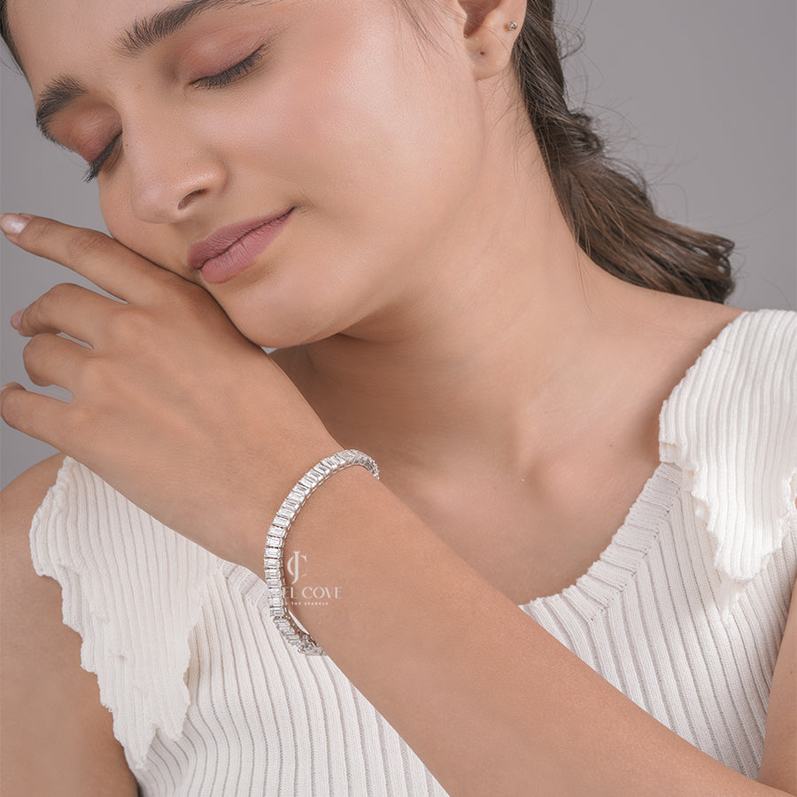 Emerald Cut Moissanite Diamond Tennis Bracelet with Full Prong Setting, Brilliant Line Tennis Bracelet