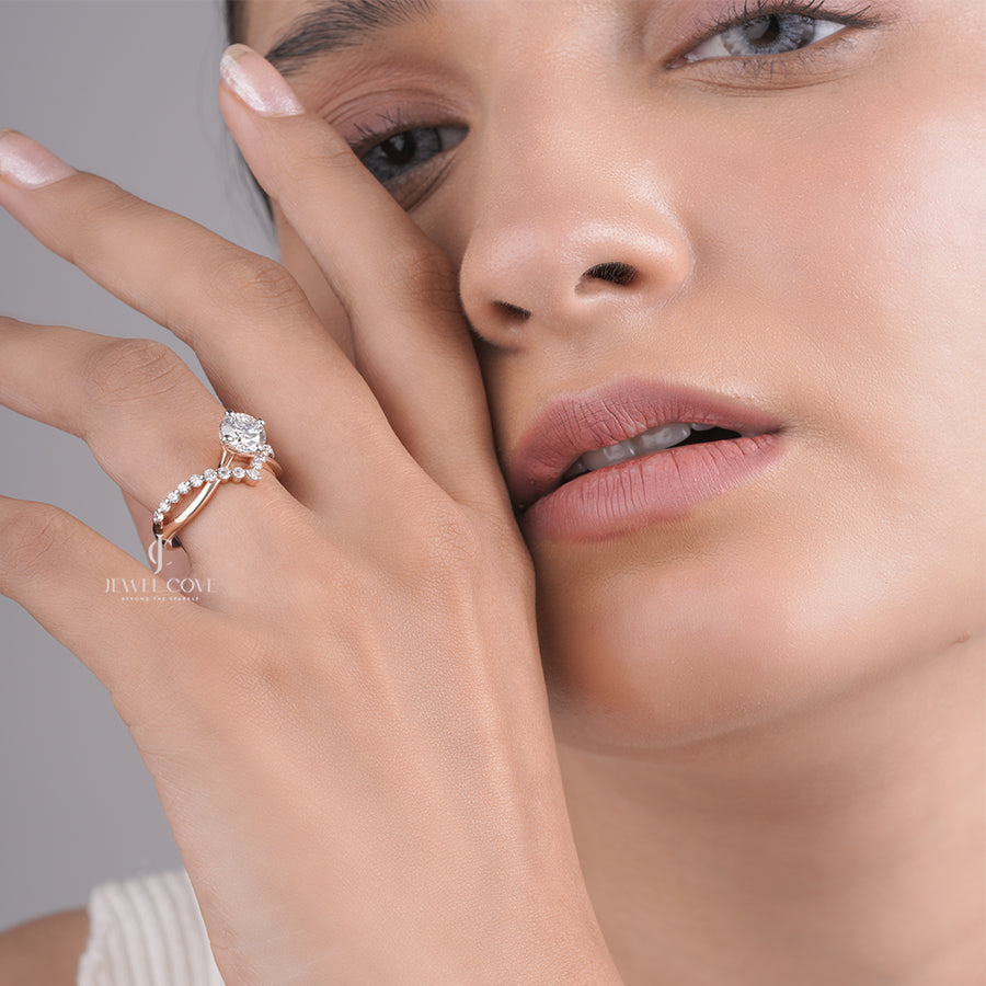 Round Cut Lab Grown Diamond Engagement Ring with Twisted Pave Band and Four-Prong Setting