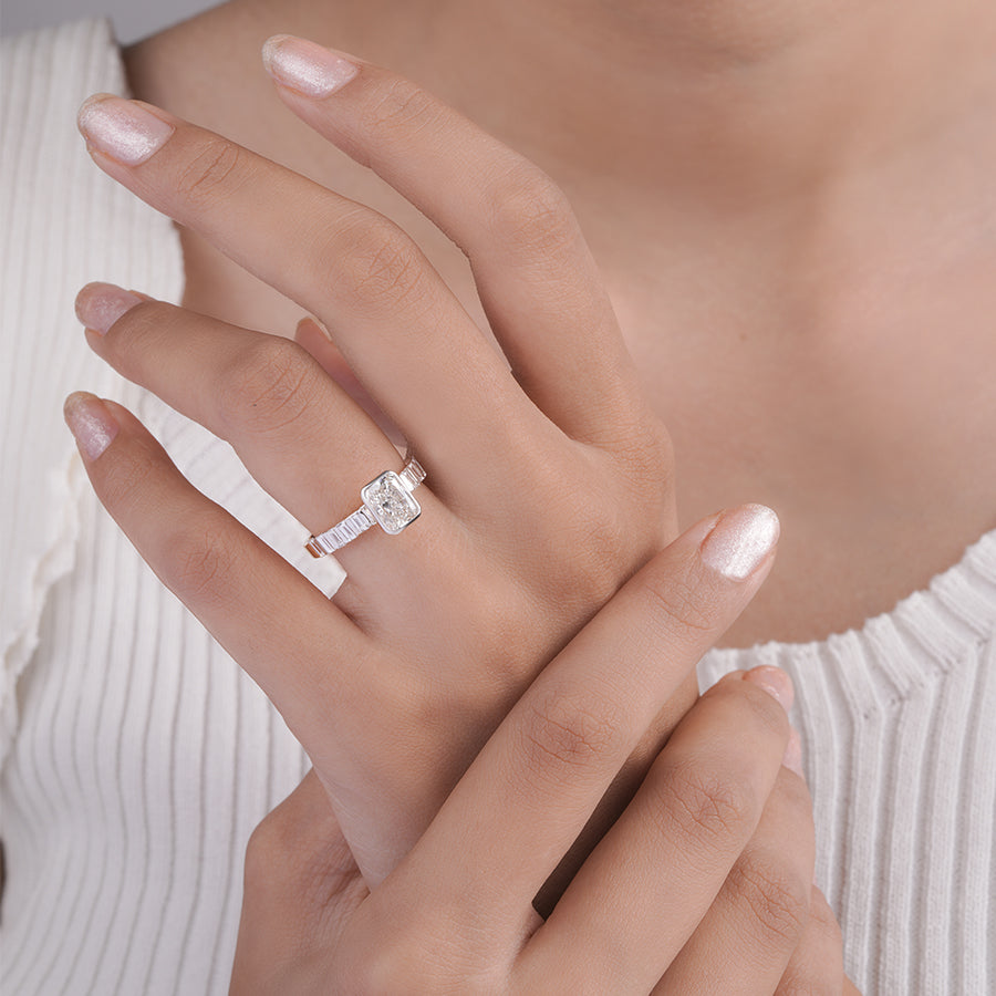 Radiant Lab Grown Diamond Engagement Ring with Baguette Side Stones