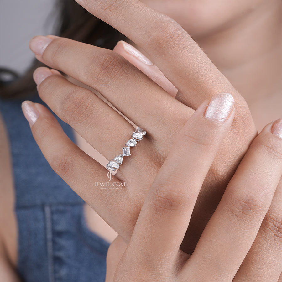 Mixed Moissanite Diamond Band for Women Emerald, Pear & Heart Diamond 18K Yellow Gold Engagement Ring