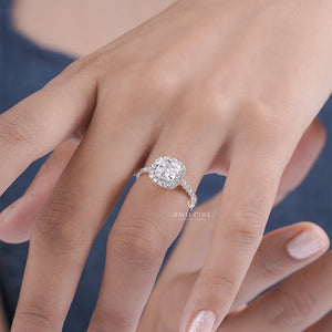 Cushion Moissanite Halo Setting Engagement Ring | IGI Certified | E-F Color| Eternity Band