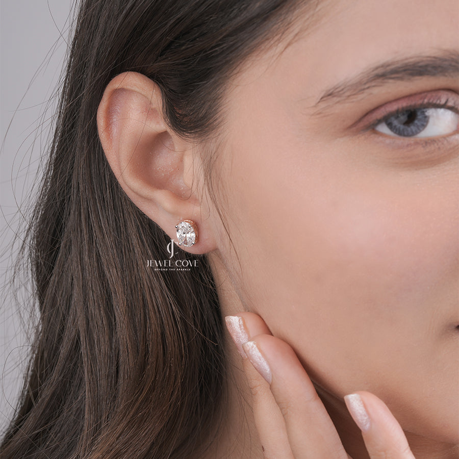 Rose Gold Oval Lab Grown Diamond Studs – Elegant Oval Cut Solitaire Earrings for Daily Wear