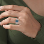 Three Stone Ring with Emerald Cut Blue Diamond and Oval Ring
