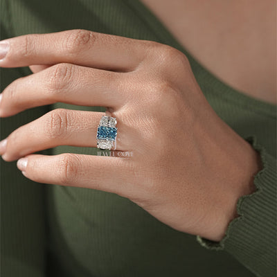 Three Stone Ring with Emerald Cut Blue Diamond and Oval Ring